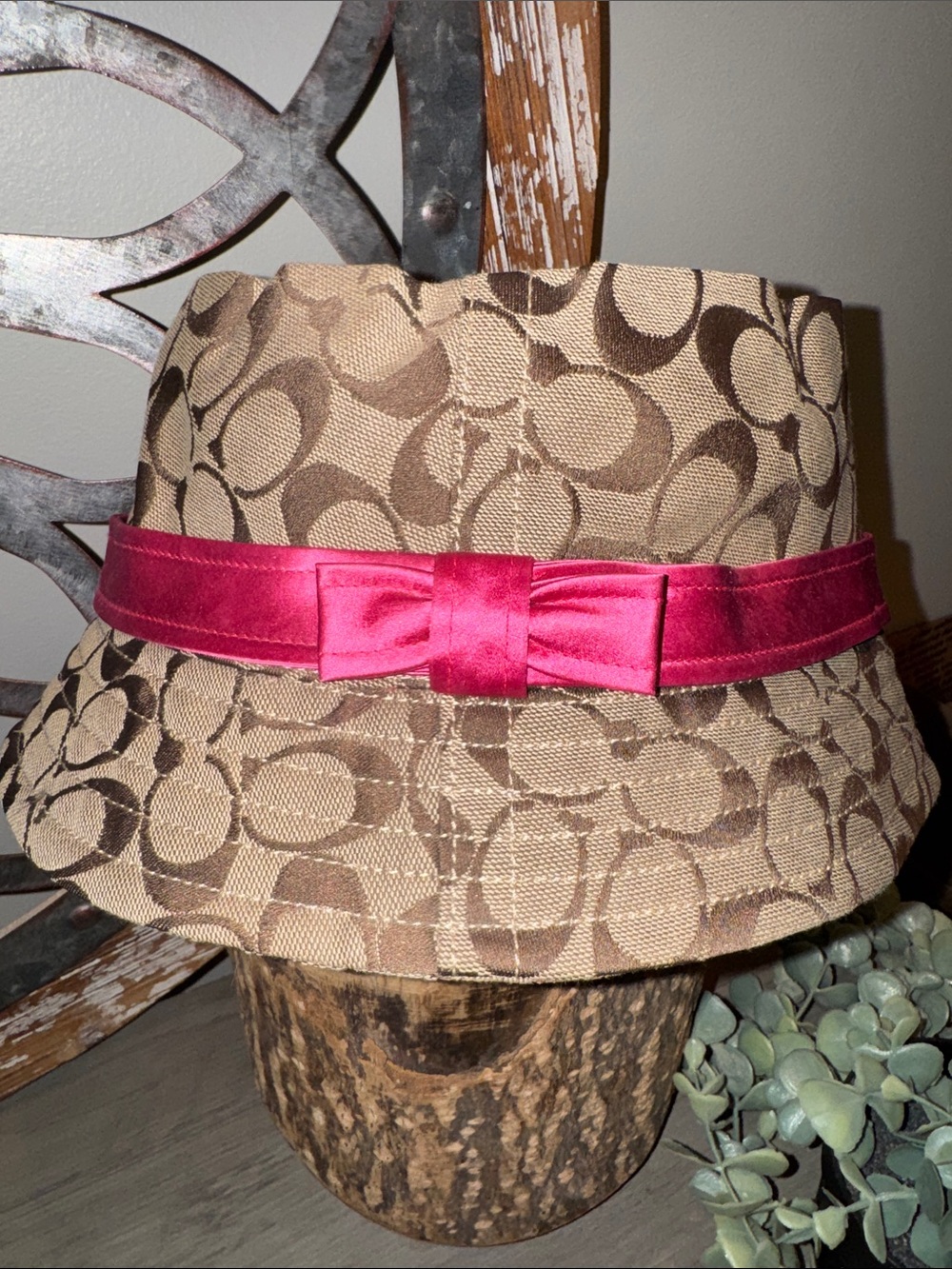 Coach 1941 Legacy Signature C Jacquard Bucket Hat with Pink Satin Bow